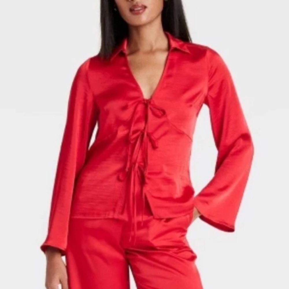NWT A New Day Women's Red Satin Blouse Size XS